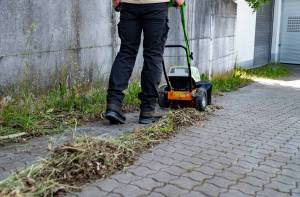 AS 30 E-WeedHex AP in action, brushing/removing weed on cobblestone