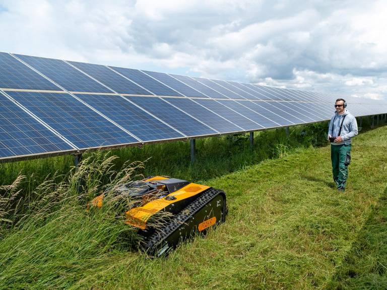 AS-Motor products shown in a solar park, mowing between the panels. Operator standing behind maschine. Product shown AS-Motor AS 990 Tahr RC